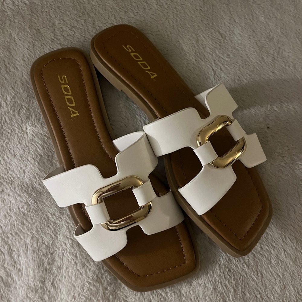 Soda Women's White Slide Sandals with Gold Accent